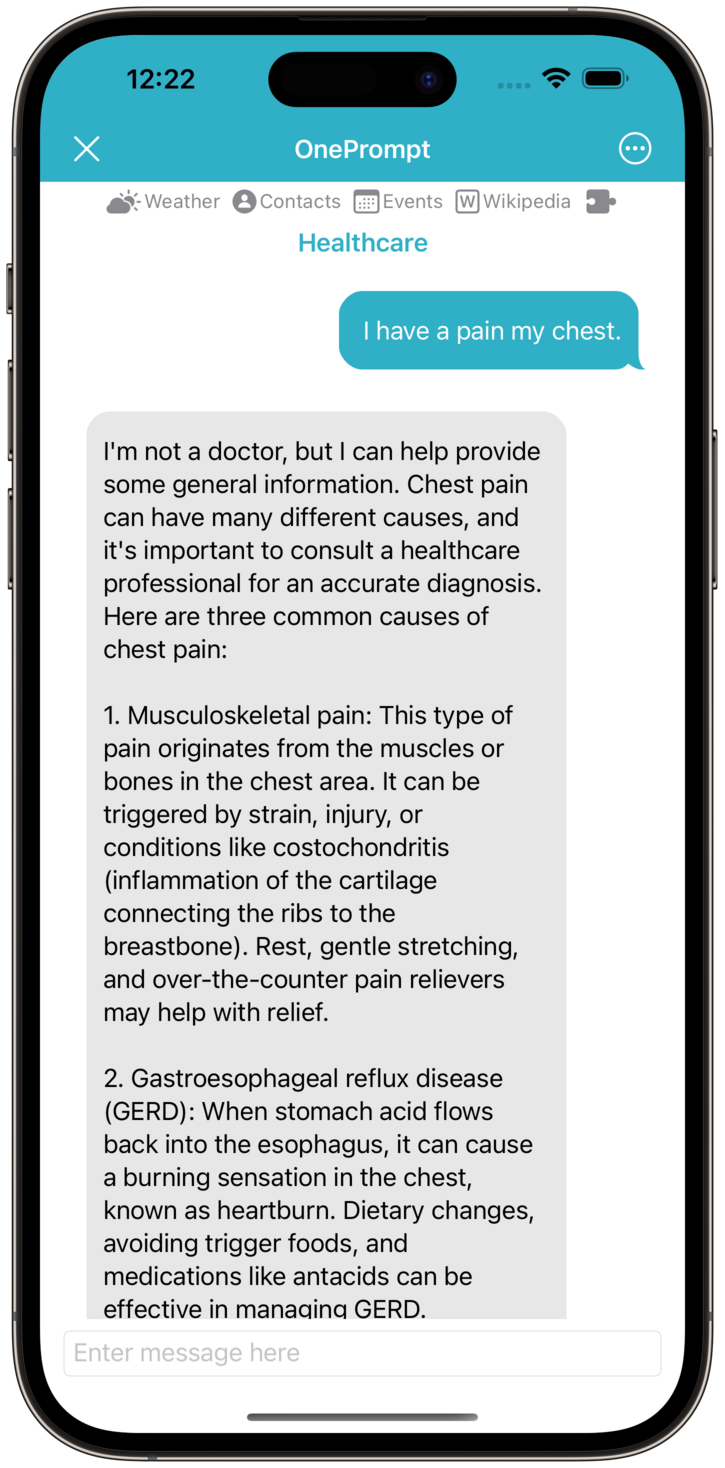 Screenshot of Chat using Healthcare Prompt.
