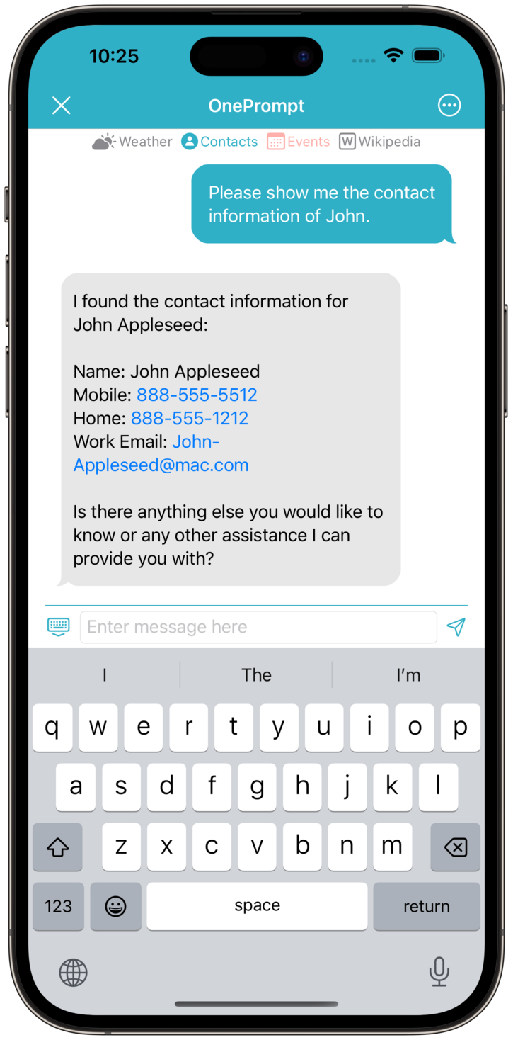Screenshot using OnePrompt Contacts Plugin.