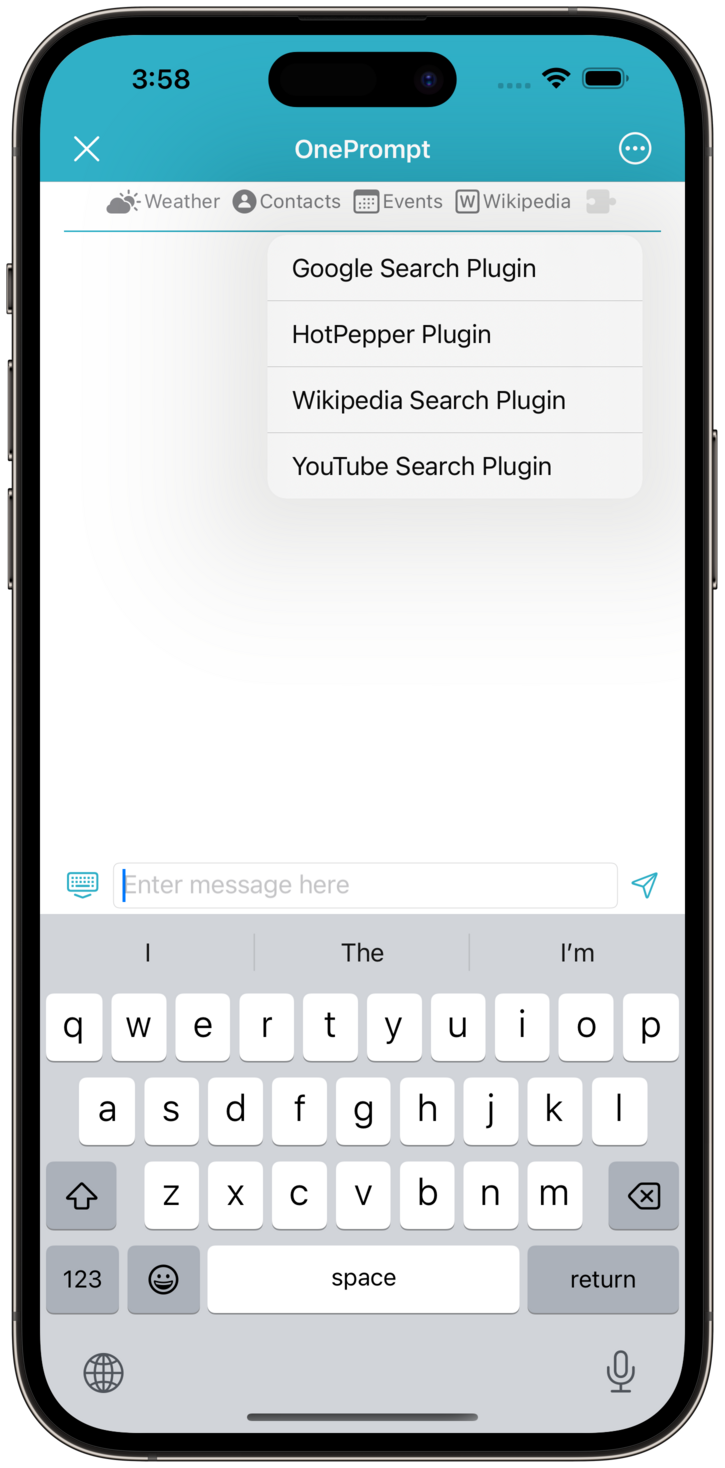 Screenshot of Selecting YouTube Search Plugin on OnePrompt Chat Screen.